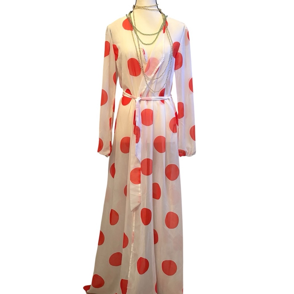 Sheer Glamorous Bathing Suit CoverUp/Duster with Orange Polka Dots